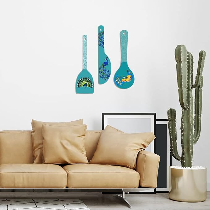 Artvibes Beautiful Peacock Wooden Wall Hanger for Home | Set of 3