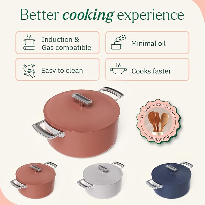 Ember Cookware Arcilla Ceramic Non Stick Dutch Oven 24cm | Metallic Lid | Stainless Steel Handles | Non Toxic Biryani Pot | Terracotta