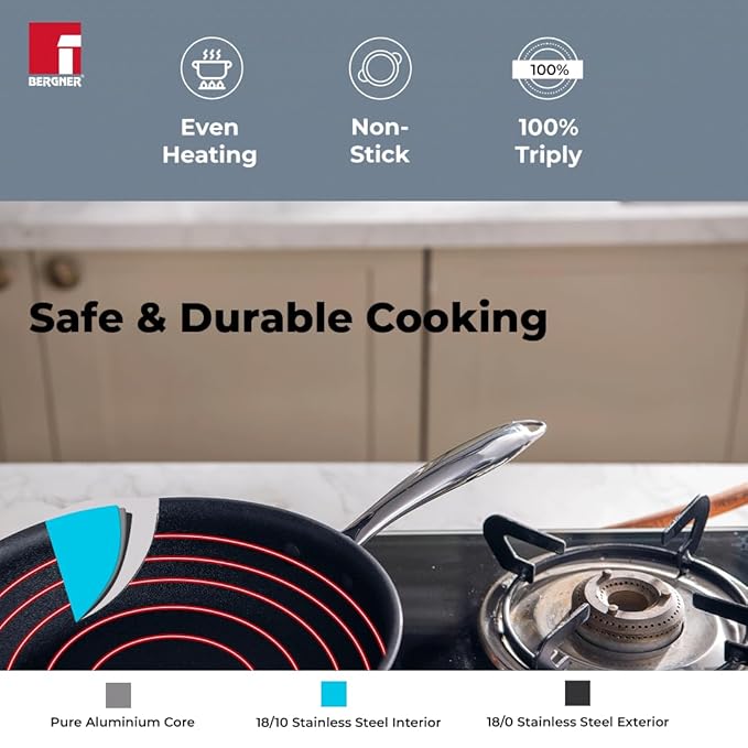 Bergner Hitech-peek Triply Stainless Steel Sautepan | Deep Frypan 24 Cm
