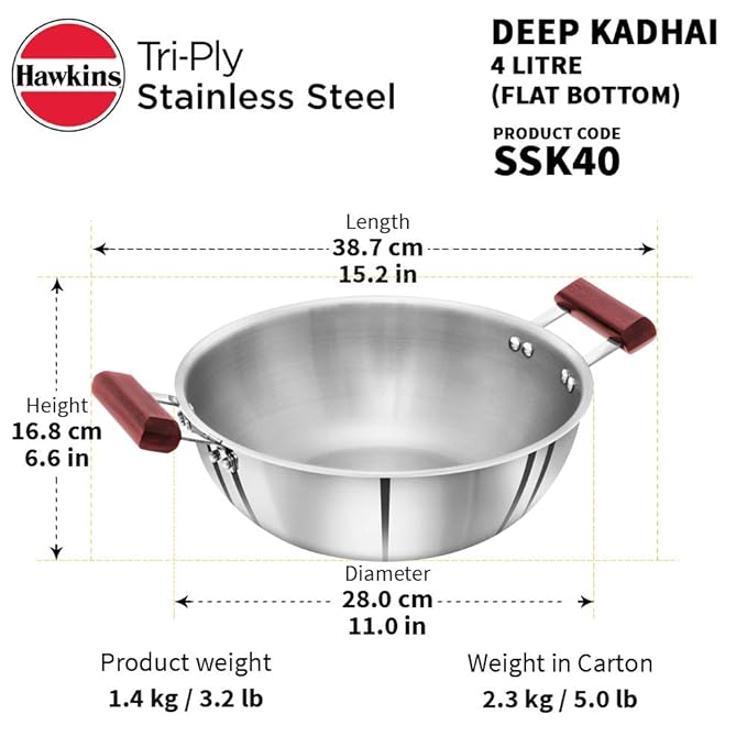 Hawkins 4 Litre Deep Kadhai Triply Stainless Steel Kadai Flat Bottom Induction Kadhai