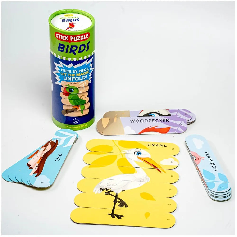 THE BOOK TREE Birds Stick Puzzle | 24pcs Double-Sided Cardboard Puzzles | 8 Fun Bird-Themed Puzzles for Learning & Play | Boosts Creativity & Focus | Ideal for Ages 3+