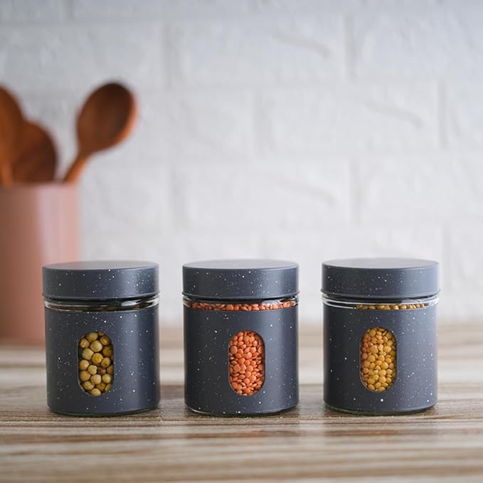 Femora Carbon Steel Jar for Kitchen Storage With Clear Glass Window and Carbon Steel Lid | 300 Ml | 3pc Set | Blue- Green