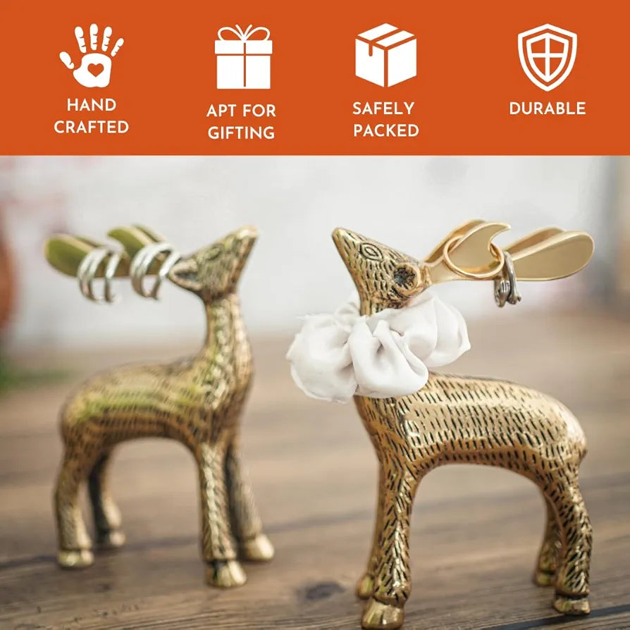 BEHOMA Antique Golden Aluminium Christmas Reindeer Figurine Statue 2 Pcs | Reindeer Showpiece for Tabletop, Bookshelf, Desktop, Cabinets, Valentine's Day 