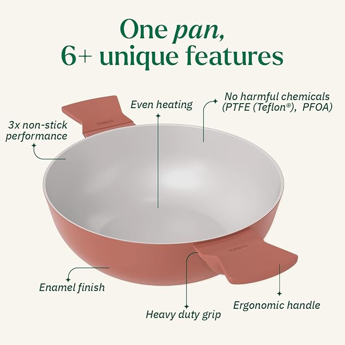 Ember Cookware Arcilla Ceramic Non Stick Kadai 24cm | Glass Lid | Matching Handles | Florence Series | Terracotta