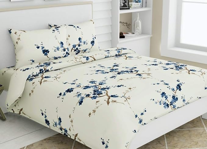 Haus & kinder Cotton Queen Size Bedsheet for Double Bed (90 X 100 Inches) with 2 Pillow Covers | 186 TC Bed Sheet Double Bed Floral Grace (Blue)