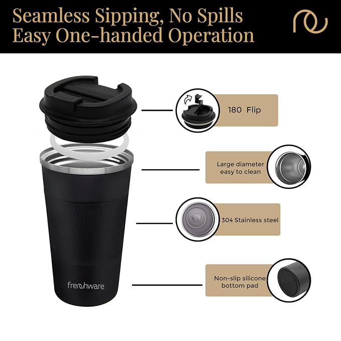 Frenchware Coffee Mug | 510 Ml | Tumbler, Flask for Tea Coffee, Insulated Coffee Mug | Coffee Mug With Leakproof Lid | Black