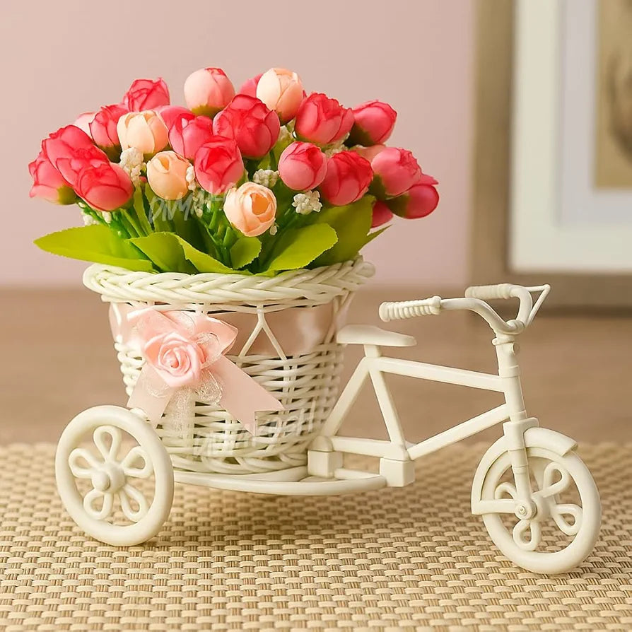 Artificial Peony Bunches Flower Basket with Decorative Tricycle Planter