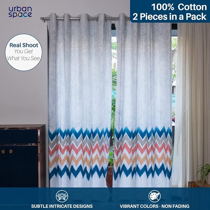 Urban Space Cotton Curtains for Door Set of 2 with Eyelets and TieBack (Colour Panel Ocean Blue)