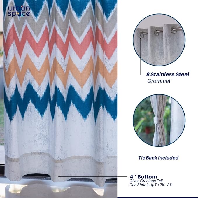 Urban Space Cotton Curtains for Door Set of 2 with Eyelets and TieBack (Colour Panel Ocean Blue)