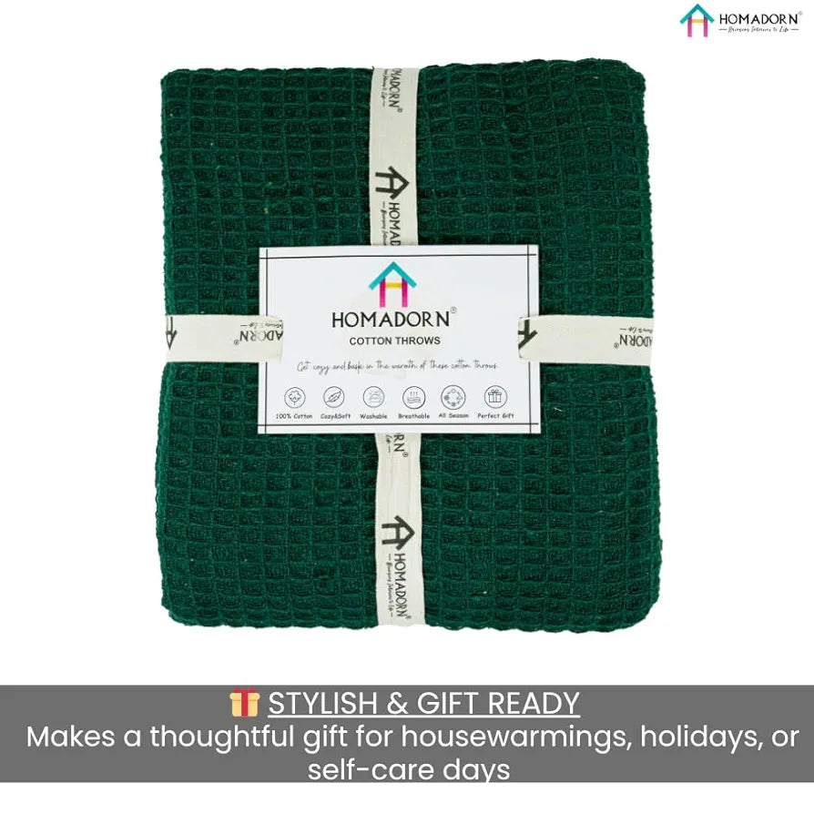 Homadorn Waffle Weave Cotton Throw Blanket Colour Bottle Green