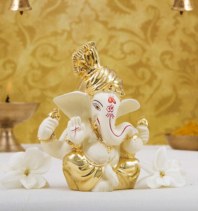 Gold Art India Ceramic Ganesh Idol For Car Dashboard Ganesha Murti For Home Decor