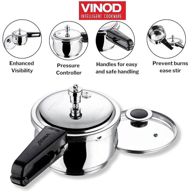 Vinod Splendid Plus Stainless Steel Pressure Cooker Outer Lid 2.5 Litre | SAS Bottom Handi Cooker | Extra Glass Lid
