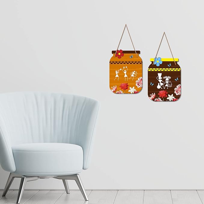 Artvibes Warli Art Decorative Wall Art Mdf Wooden Wall Hanger Ornaments for Living Room | Set of 2
