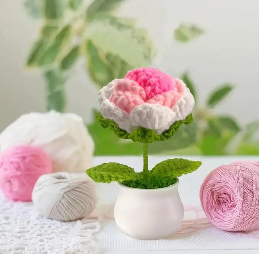 Handmade Crochet Flower Pot Pink Rose Shaded 1 PC. Artificial Flower Knitted Flower