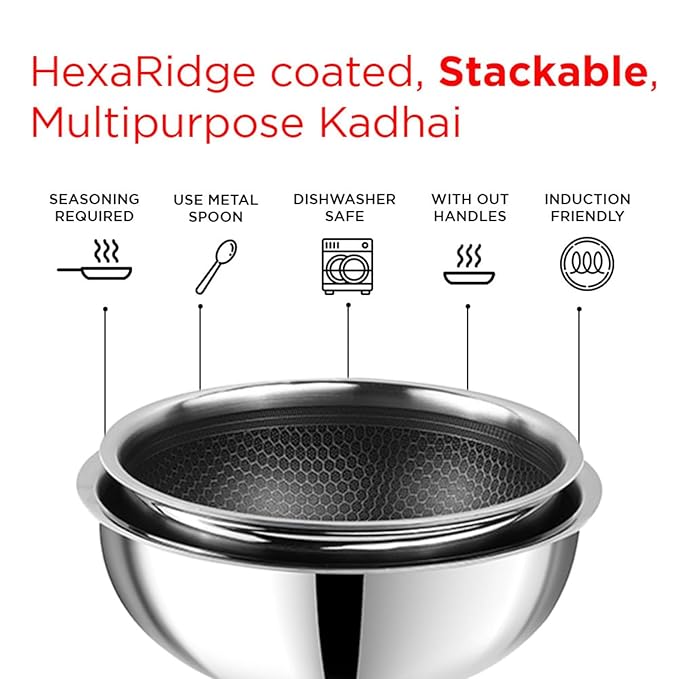 Vinod SAS Pro Platinum Triply Stainless Steel Extra Deep Tasla with Lid - 1.8 Litre | Tri ply Tasla Kadai with Induction Base