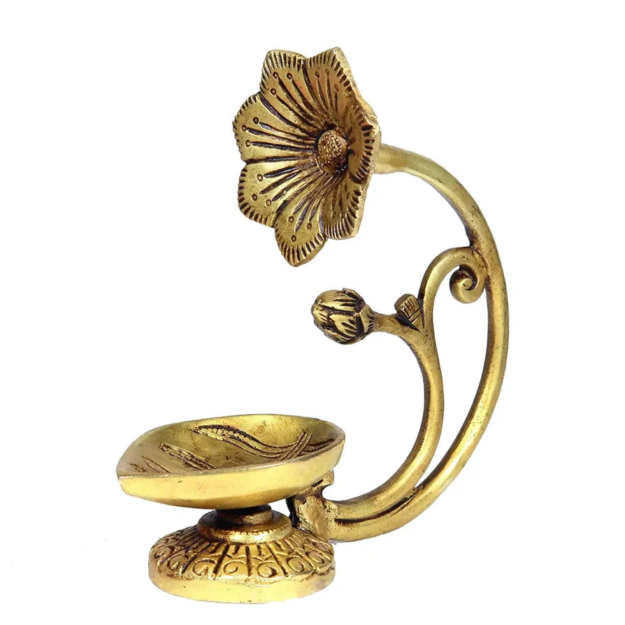 Anciently Antique Brass Flower Diya | Antique Brass Deepam | Antique Diya Brass 14.5cm Height, Gold Colour