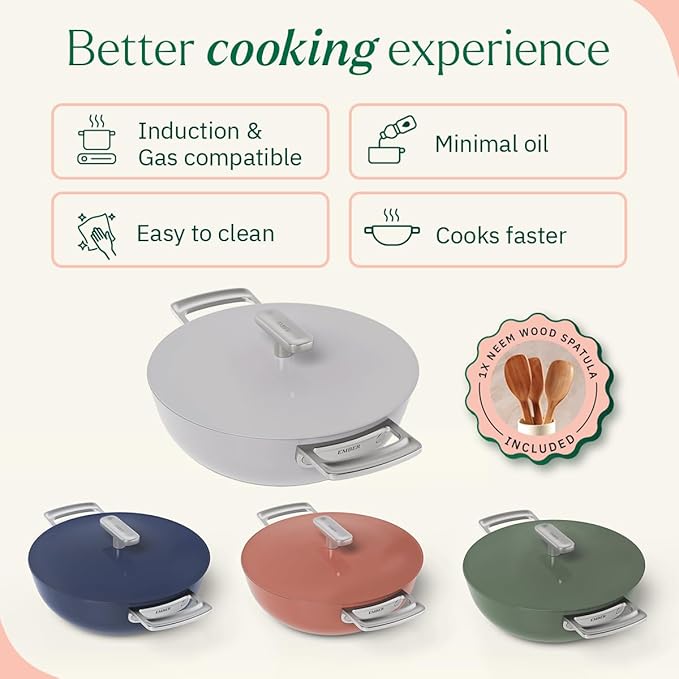 Ember Cookware Arcilla Ceramic Non Stick Kadai 24cm | Metallic Lid | Stainless Steel Handles | Grey