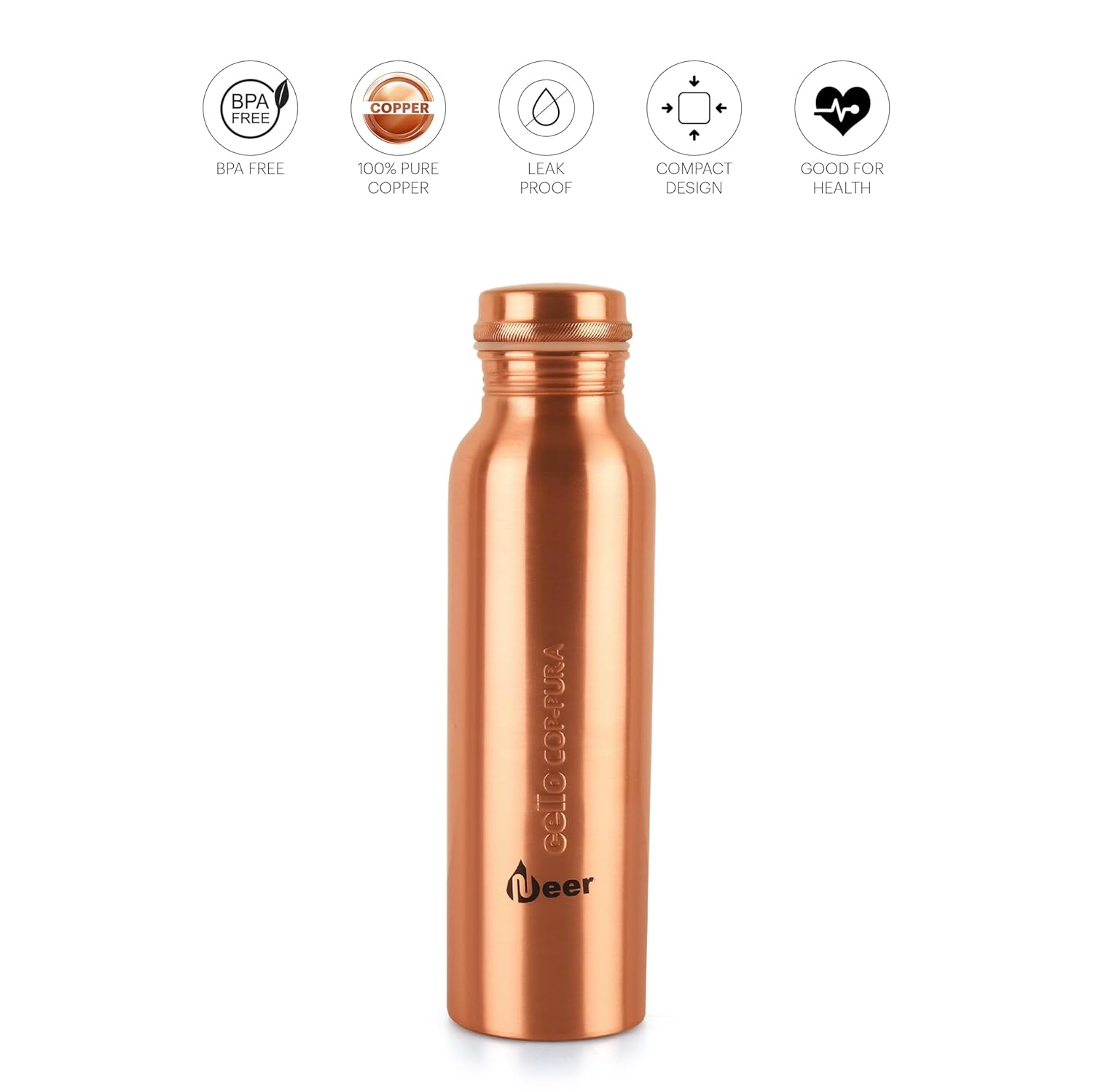 Cello Cop-pura Neer Copper Water Bottle | 1000 Ml | Copper