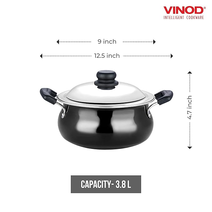 Vinod Black Pearl Hard Anodised Non Stick Handi with Lid - 3.8 Litre, Small | 3.25mm Thickness | Biryani Pot