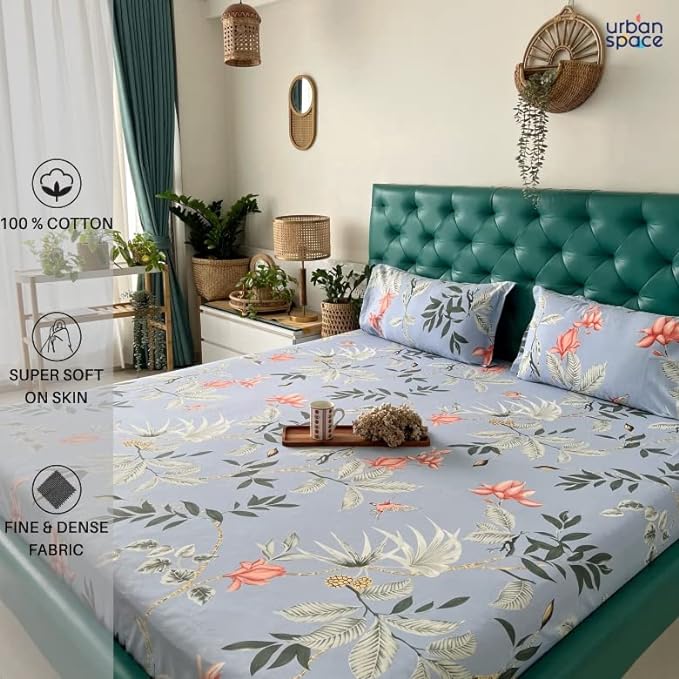 Urban Space Serene Cotton Bedsheet for Double Bed 2 Pillow Covers (Colour Bloom ray Grey)