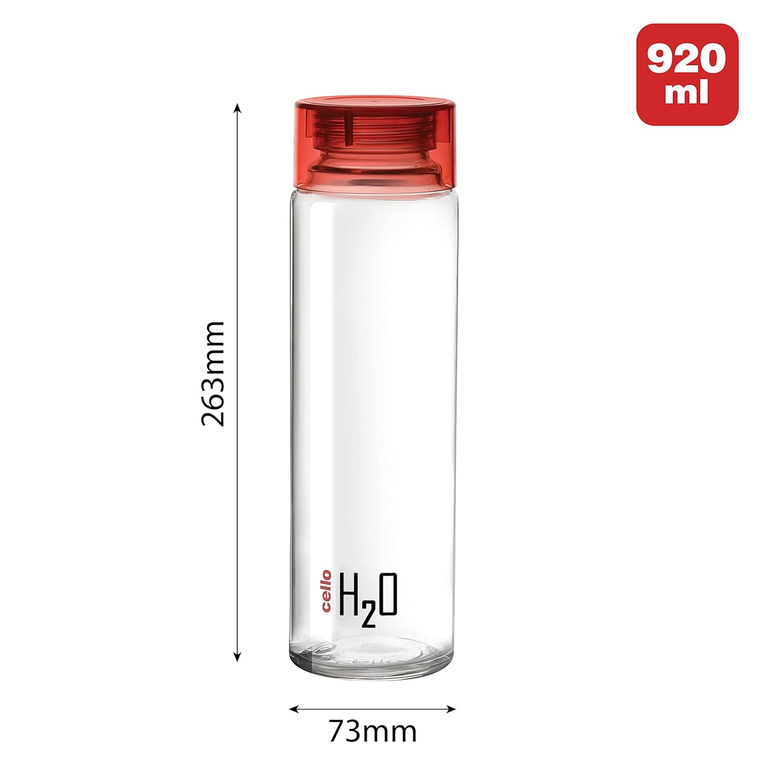Cello H2o Glass Fridge Water Bottle With Plastic Cap | 920 Ml | Set of 6 | Red