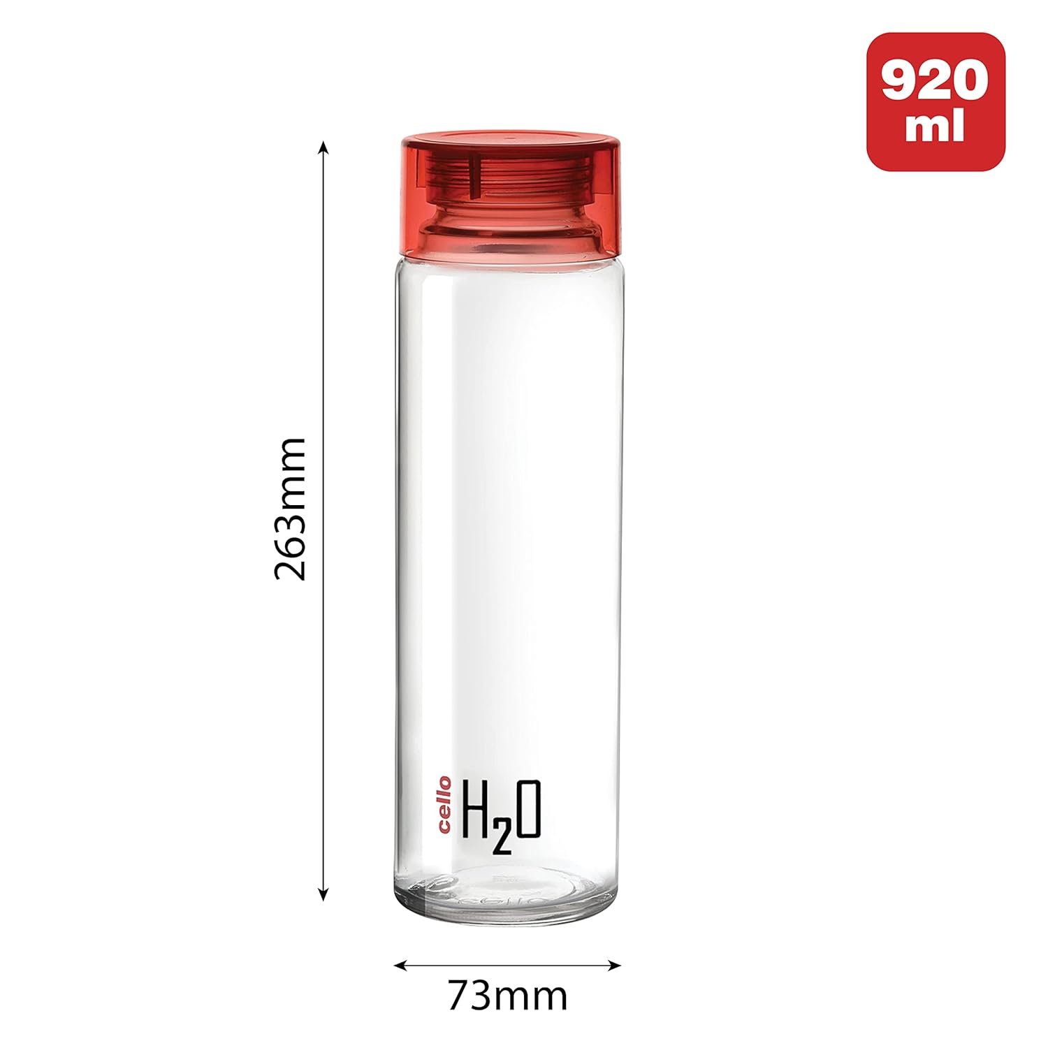 Cello H2O Glass Fridge Water Bottle with Plastic Cap | 920 ml | Set of 3 | Red