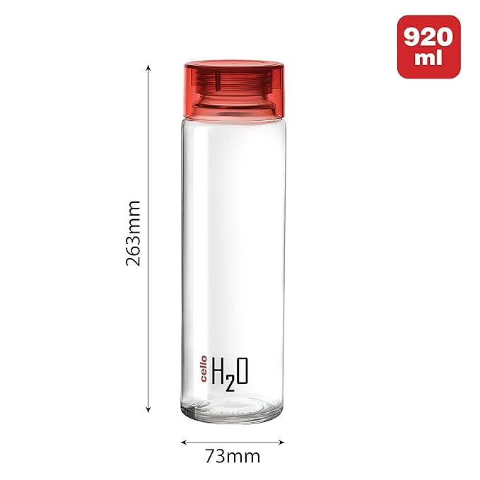 Cello H2O Glass Fridge Water Bottle with Plastic Cap | 920 ml