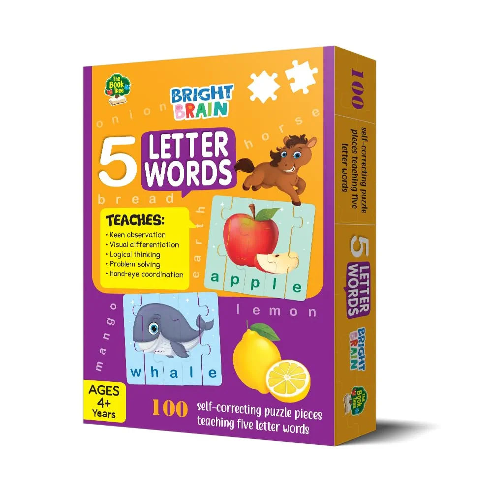 THE BOOK TREE 4+ Years Bright Brain 5 Letter Words Puzzle - Learn To Spell 20 Four Letter Words 100 Pieces- Beautiful Colorful Pictures Age 4+ Gift Box By Majestic Book Club