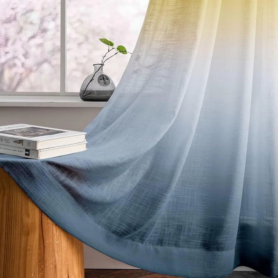 Homadorn Ombre Printed Linen Textured Sheer Curtains Yellow + Grey