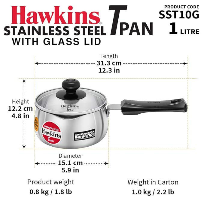 Hawkins 1 Litre Tpan Stainless Steel Tea Pan with Glass Lid