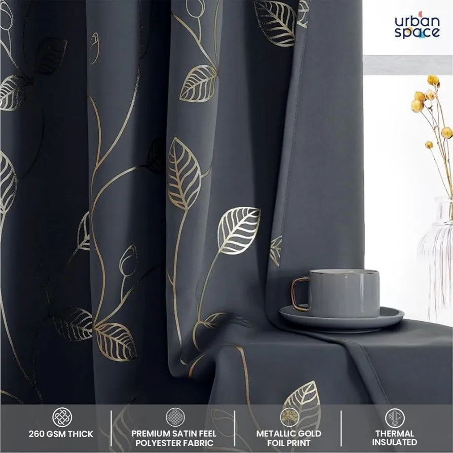Urban Space Blackout Curtains for Living Room, Gold Foil Printed Luxurious Blackout Decorative Curtains Eyelet with Tieback, 1 Piece, Leaf Grey