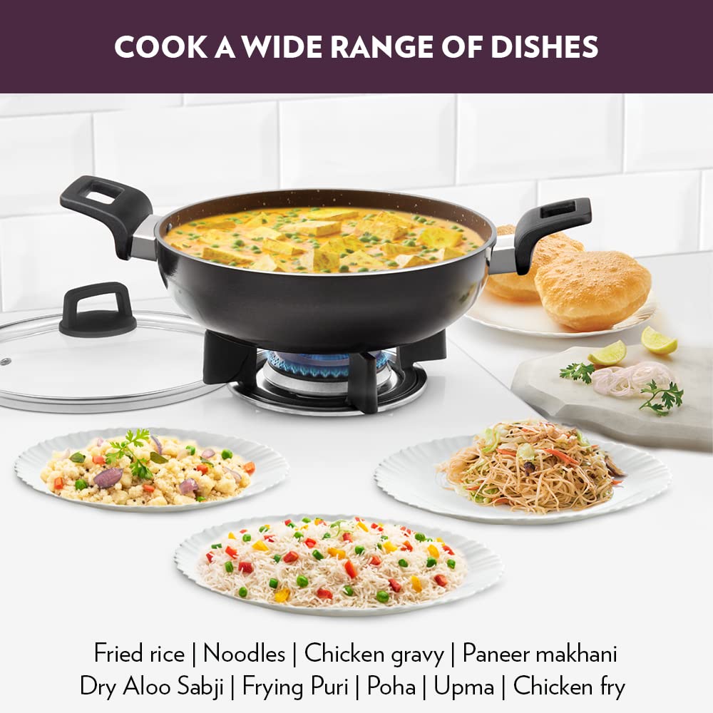 Borosil Granito Non-stick Kadhai With Glass Lid | Induction Friendly | Granite Finish | Pfoa-free | 24 Cm Diameter