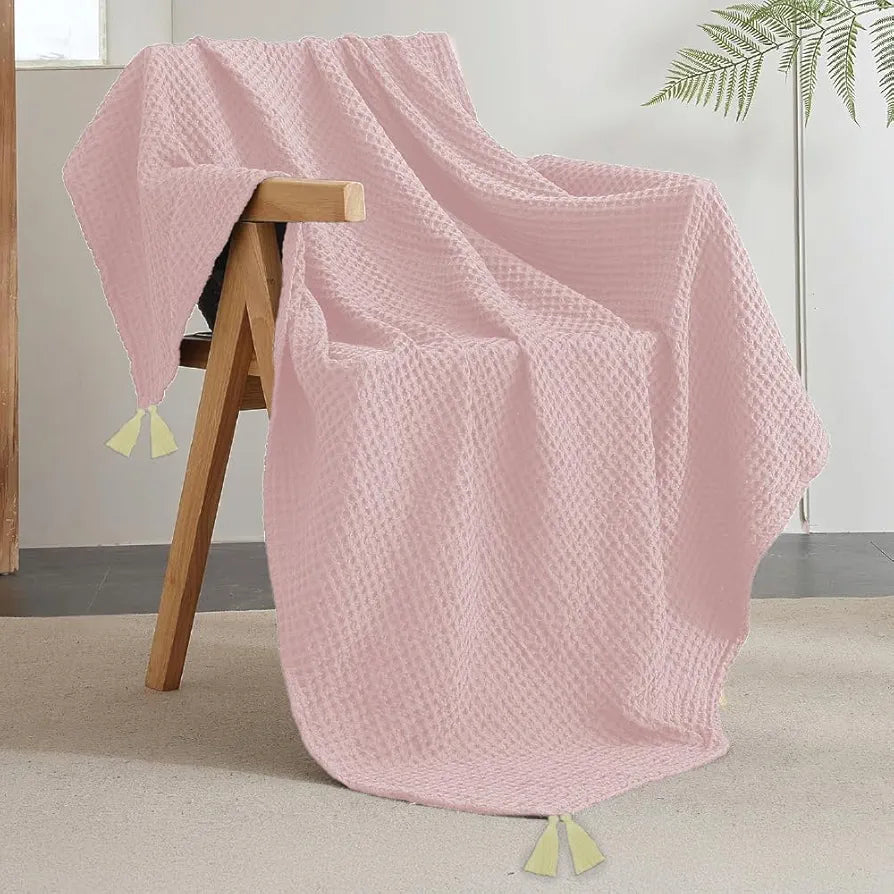 Urban Space Cotton Waffle Throw Blanket, Soft Decorative Throw for Living Room, Sofa, Chair and Couch, Handmade,Reversible and Breathable Throw Waffle Blush Pink