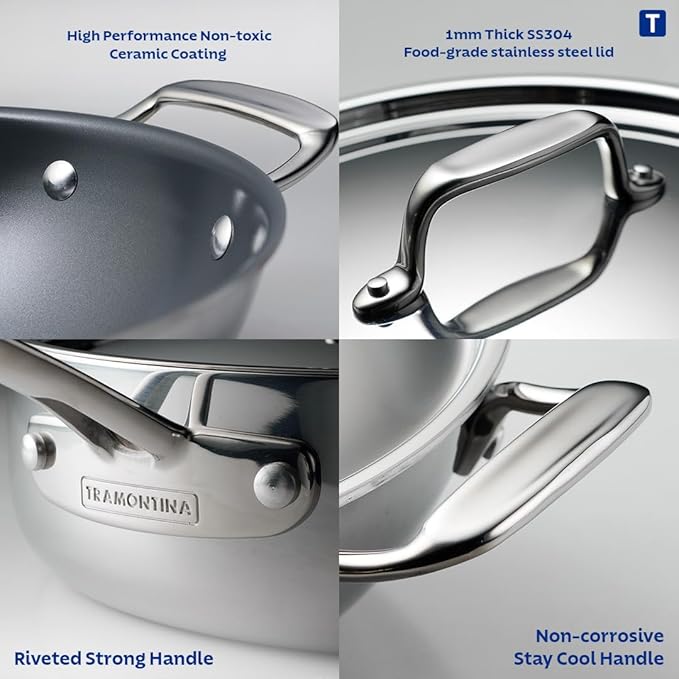 Tramontina Fusao Healthy Triply Ceramic 24cm/2.6L Kadai with SS 304 lid