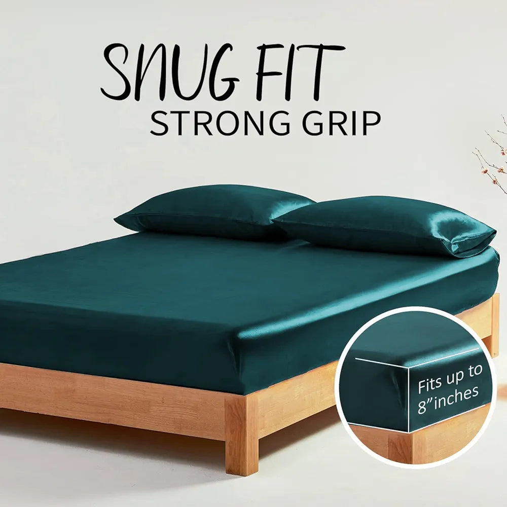 Cloth Fusion Satin Elastic Fitted Bedsheets Double Bed with 2 Pillow Covers Peacock Green