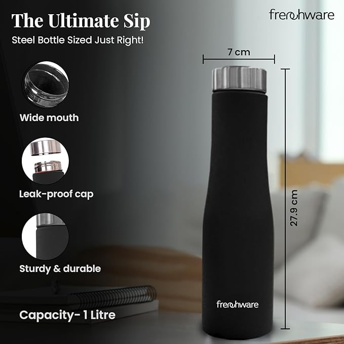 Frenchware Water Bottle 1 Litre, Stainless Steel, Premium SS 304, Shadow Black | Easy-to-Clean