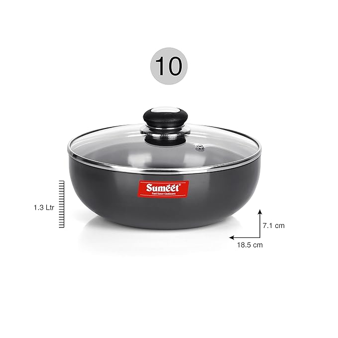 Sumeet 3mm Hard Anodized Deep Tasla with Glass Lid Size 10 18.5cm Dia. 1.3 Liter Black