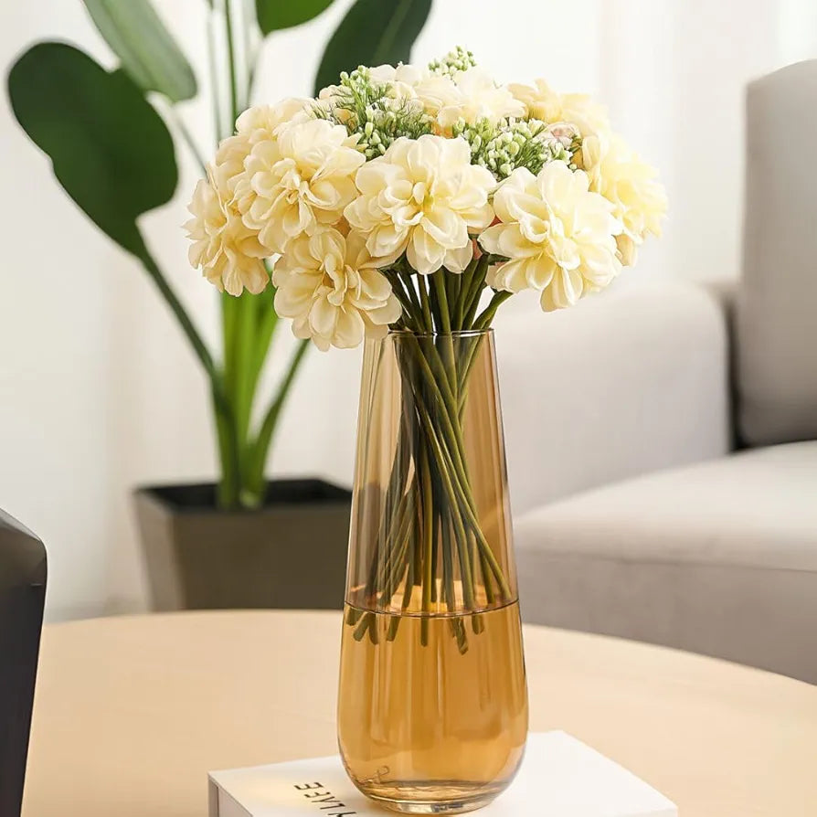 Artificial Dahlia Flower Bunch – 7-Stem Faux Bouquet Realistic Fabric Flower Arrangement Off White