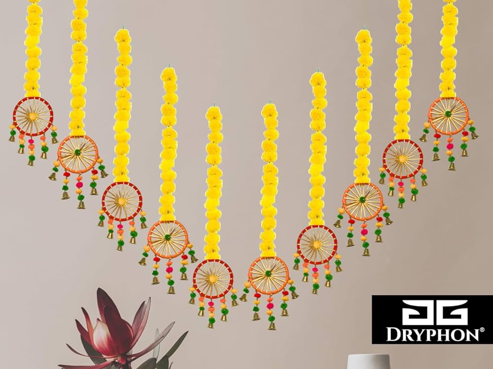 Artificial Marigold Flowers With Pom Pom Ring Bell Hanging Yellow