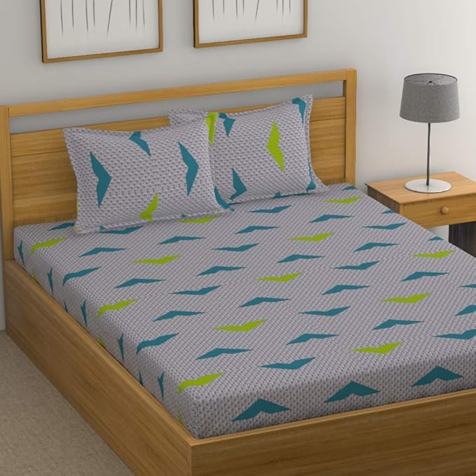 Huesland by Ahmedabad Cotton 144 TC Cotton King Size Bedsheet with 2 Pillow Covers - Grey & Yellow