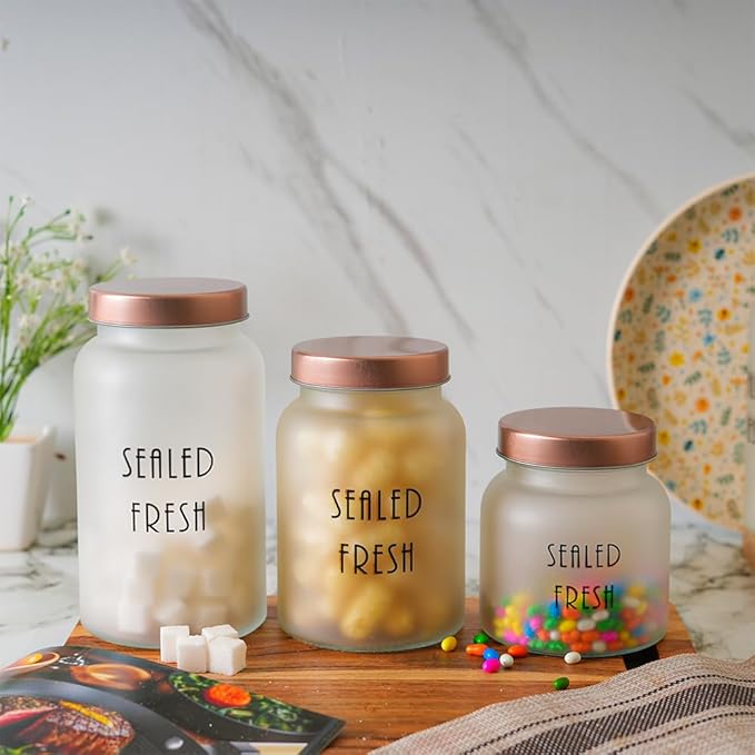 Femora Kitchen Storage Jars Frosted Glass Jar With Steel Lid Air Tight Jar | 1000 Ml | Pack of 6 | Golden Lid