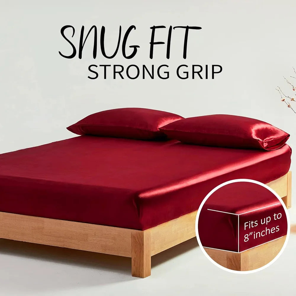 Cloth Fusion Satin Elastic Fitted Bedsheet for Double Bed King Size with 2 Pillow Covers H603 280 TC Crimson Red