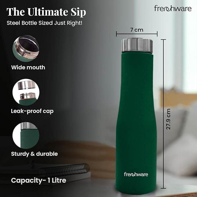 Frenchware Water Bottle 1 Litre, Stainless Steel, Premium SS 304, Teal | Easy-to-Clean