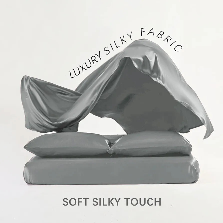 Cloth Fusion Satin Bedsheet for Queen Size Bed Set of 1 Satin Sheet 2 Pillow Covers Silver