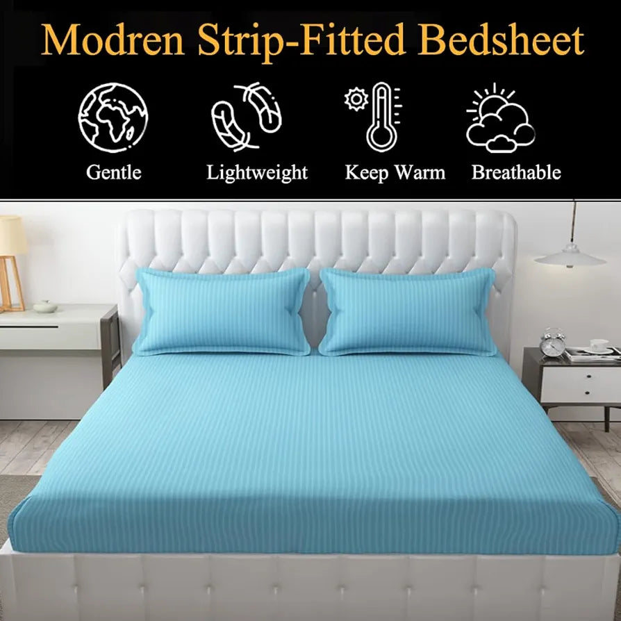 Fresh From Loom Satin Striped Soft Fitted Bedsheet King Size Bed with Two Pillow Cover Elastic Fitted Bed Sheets 240 TC Blue