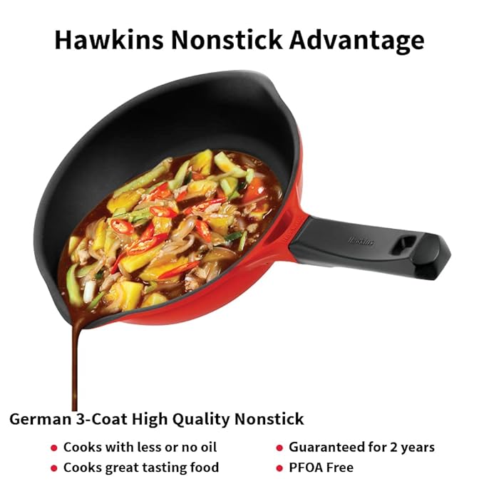 Hawkins 24 cm Frying Pan Die Cast Non Stick Fry Pan with Glass Lid Ceramic Coated Pan Red