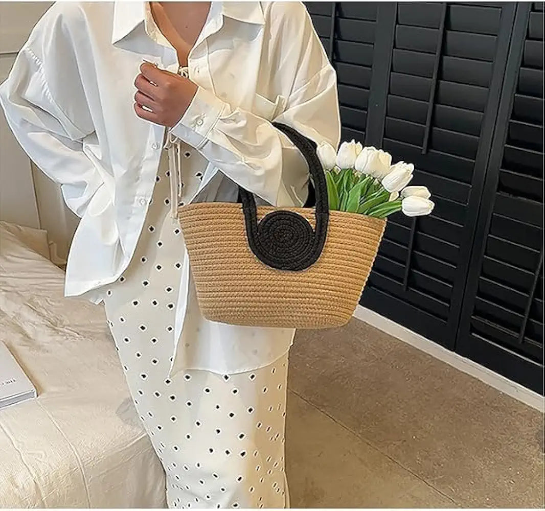 Attractive Hand Bag Large Tote Bamboo Beach Basket for Women Jute Handmade