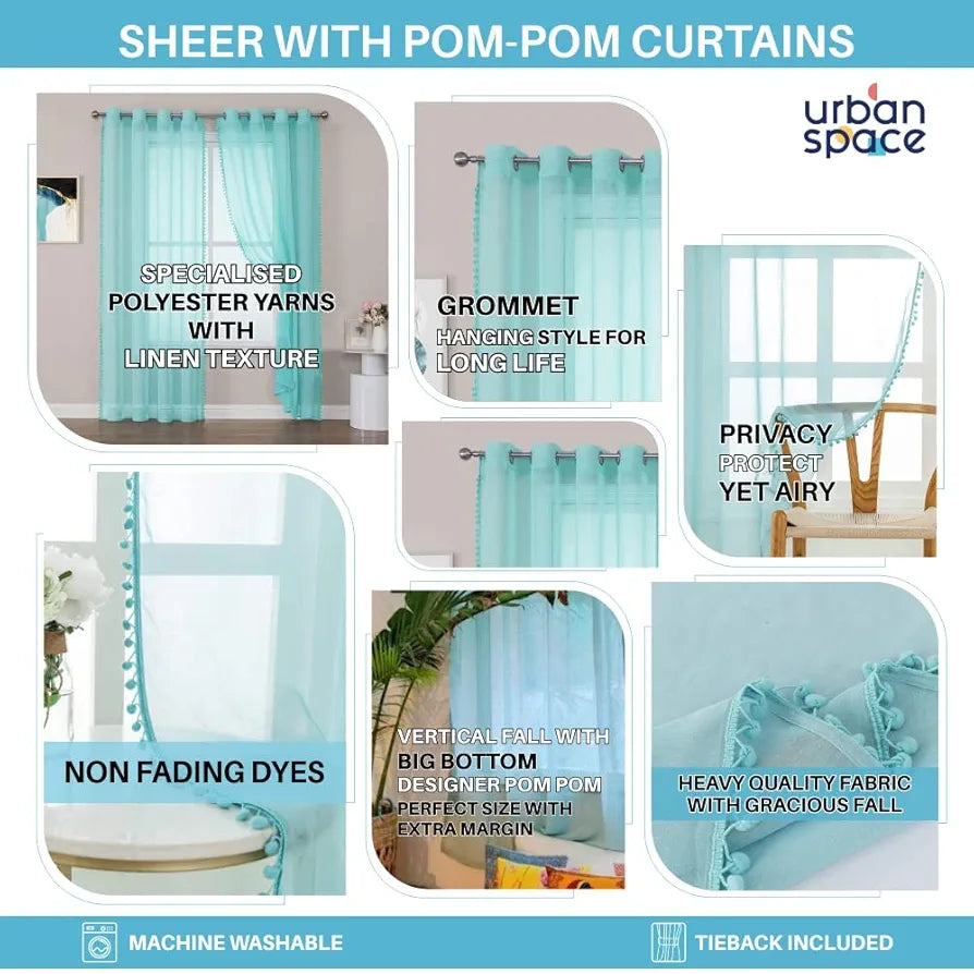 Urban Space Linen Textured Sheer Curtain for Door Room Darkening, Decorative Curtain with Tieback, Eyelets Hanging Style, Set of 2 Curtains Yellow with pom pom