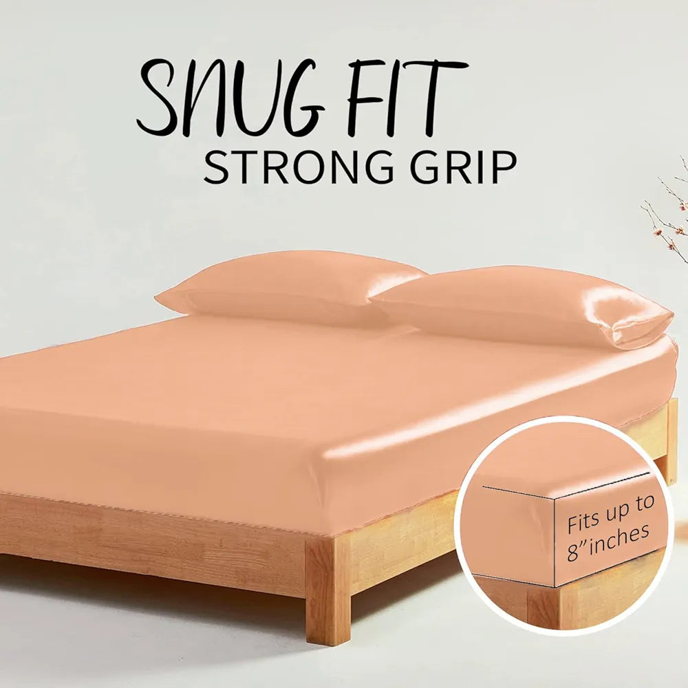 Cloth Fusion Satin Elastic Fitted Bedsheets Double Bed Luxury Queen Size Bed Sheet with 2 Pillow Covers Peach