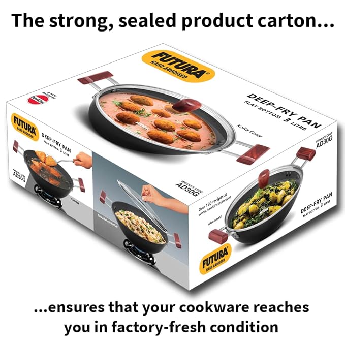 Hawkins Futura 3 Litre Deep Fry Pan Hard Anodised Kadai with Glass Lid